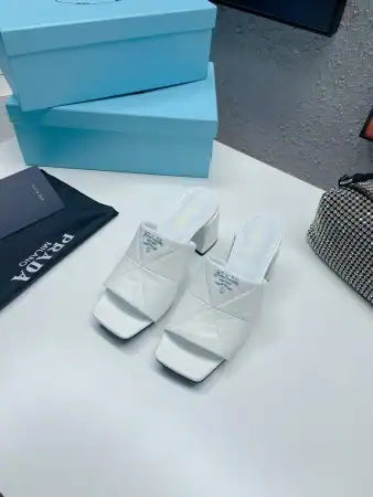 PRADA HEELED SLIDE SANDALS 65MM IN WHITE NAPPA LEATHER – PSD036