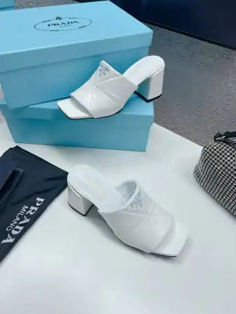 PRADA HEELED SLIDE SANDALS 65MM IN WHITE NAPPA LEATHER – PSD036