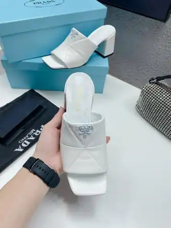 PRADA HEELED SLIDE SANDALS 65MM IN WHITE NAPPA LEATHER – PSD036