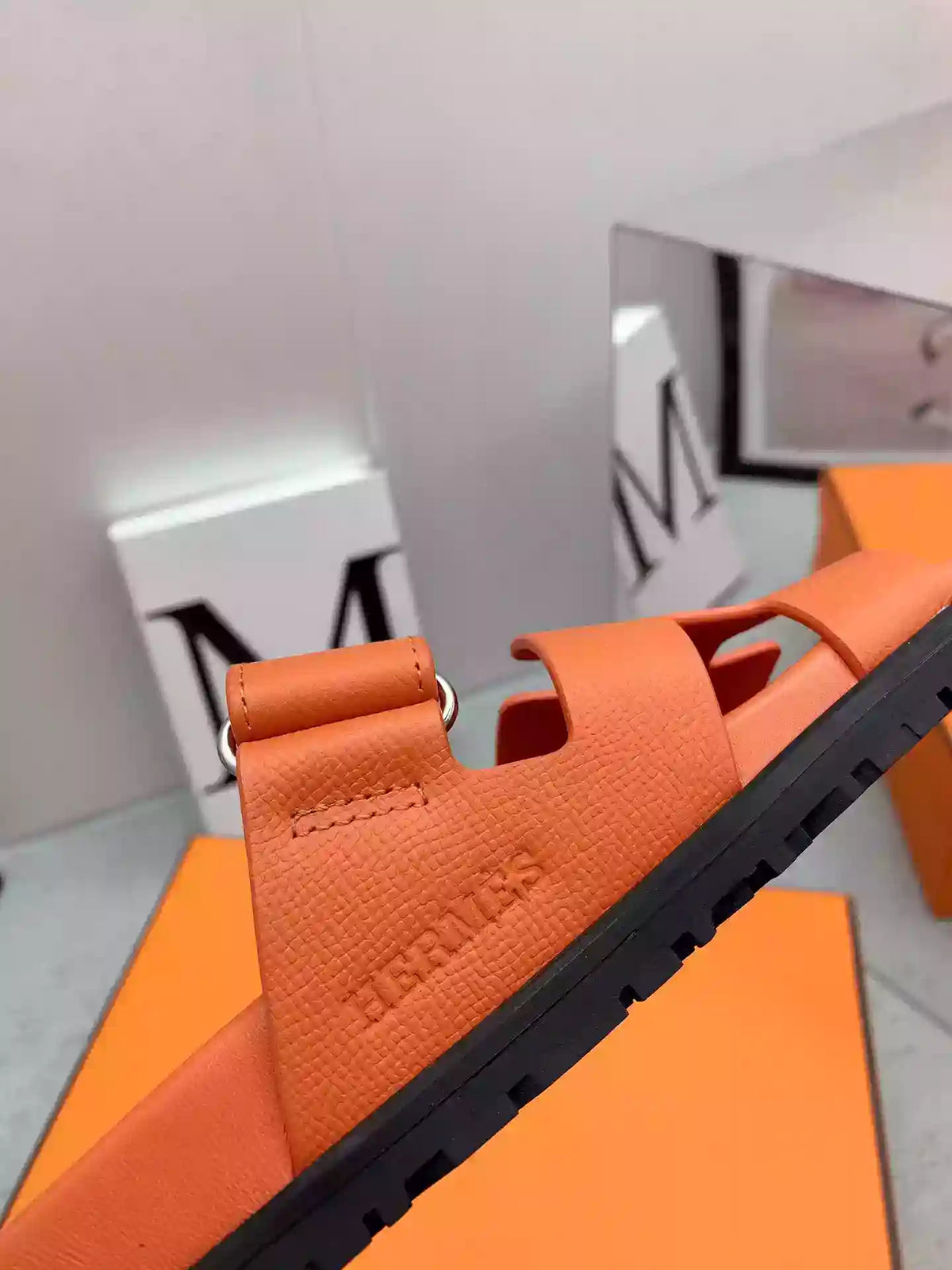 HERMES MEN’S CHYPRE SANDALS IN ORANGE EPSOM CALFSKI – HMSD001
