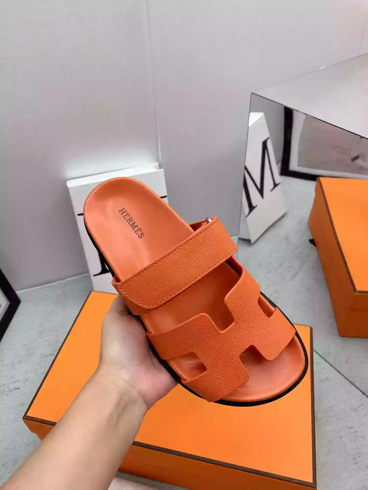 HERMES MEN’S CHYPRE SANDALS IN ORANGE EPSOM CALFSKI – HMSD001