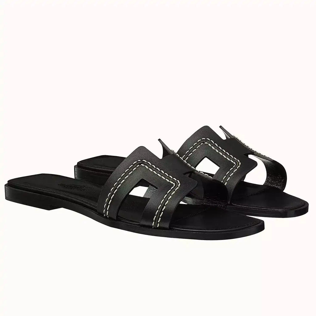 HERMES ORAN SLIDE SANDALS IN BLACK LEATHER WITH STITCHED – HMSD044