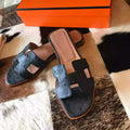 HERMES ORAN SLIDE SANDALS IN BLACK OSTRICH LEATHER – HMSD078