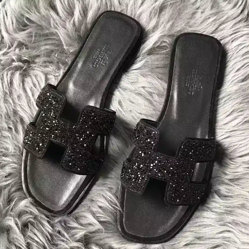 HERMES ORAN SLIDE SANDALS IN BLACK SUEDE WITH BLACK CRYSTAL – HMSD102