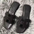 HERMES ORAN SLIDE SANDALS IN BLACK SUEDE WITH BLACK CRYSTAL – HMSD102