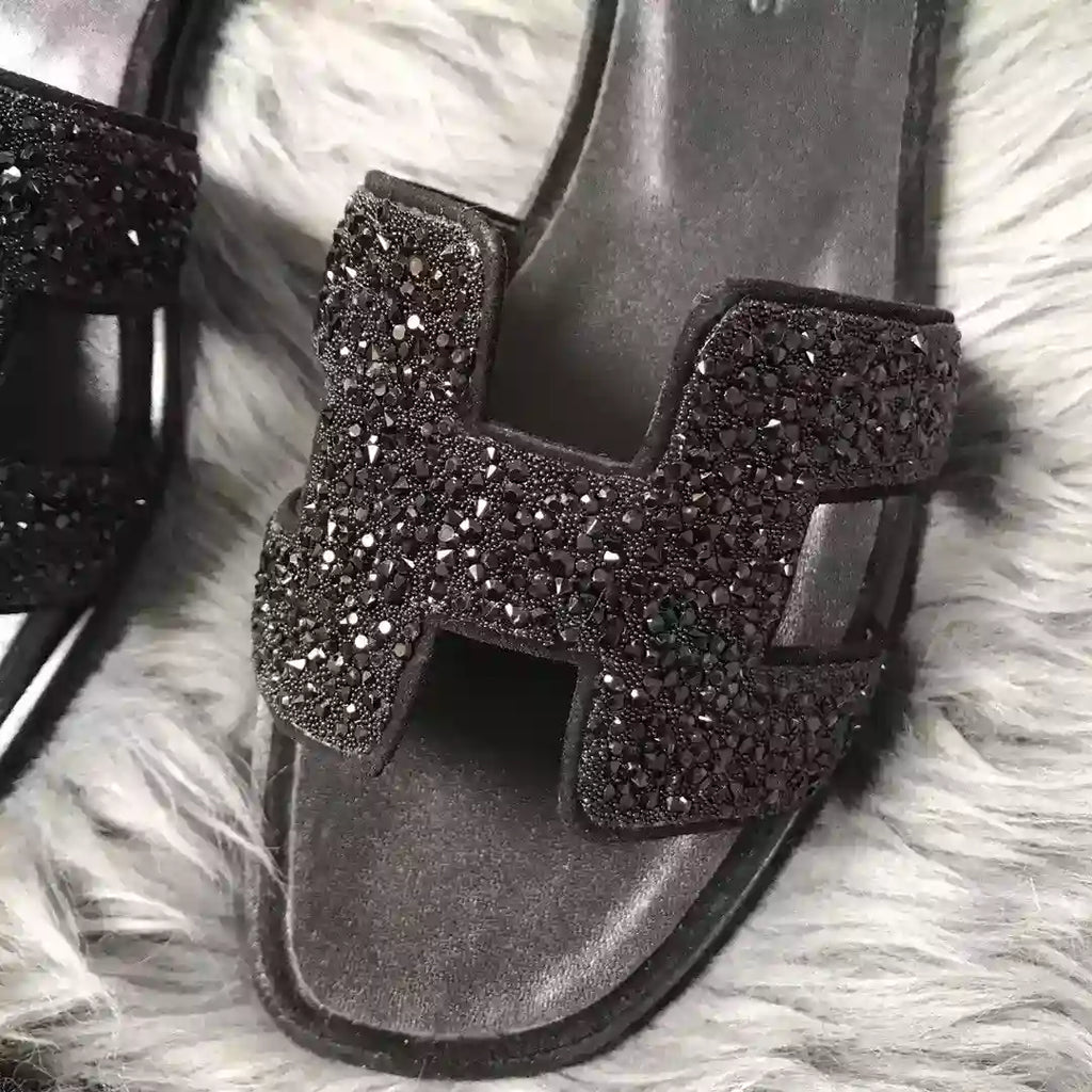 HERMES ORAN SLIDE SANDALS IN BLACK SUEDE WITH BLACK CRYSTAL – HMSD102