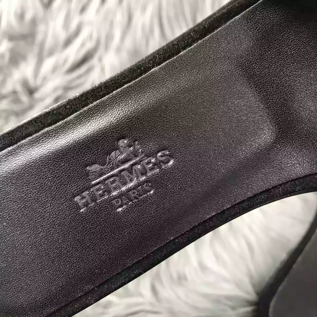 HERMES ORAN SLIDE SANDALS IN BLACK SUEDE WITH BLACK CRYSTAL – HMSD102