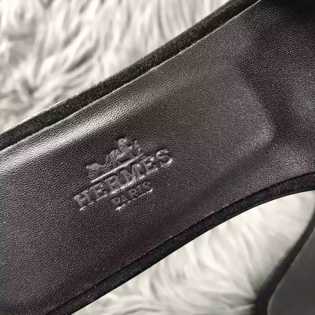 HERMES ORAN SLIDE SANDALS IN BLACK SUEDE WITH BLACK CRYSTAL – HMSD102