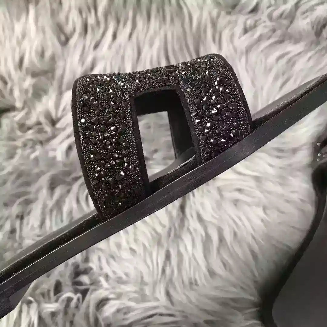 HERMES ORAN SLIDE SANDALS IN BLACK SUEDE WITH BLACK CRYSTAL – HMSD102
