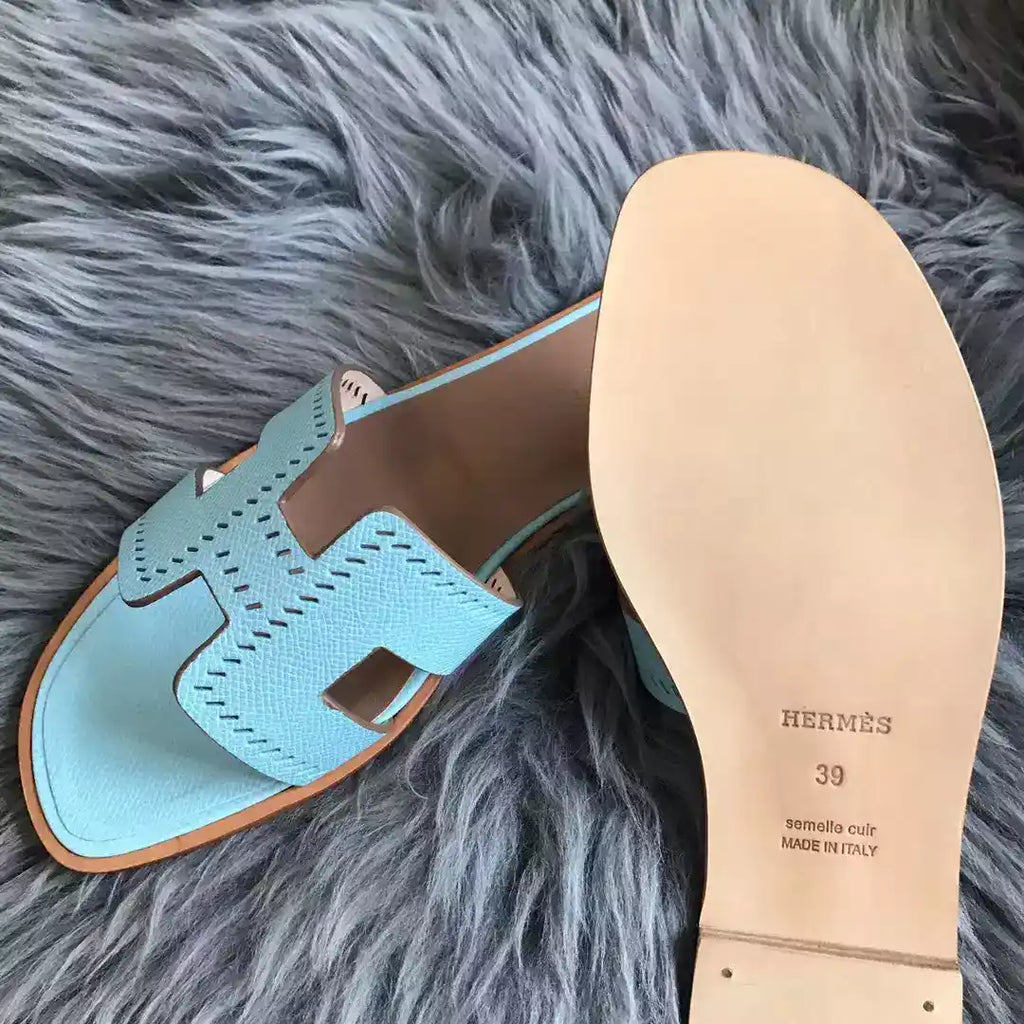 HERMES ORAN SLIDE SANDALS IN BLUE ATOLL EPSOM PERFORATED CALFSKIN – HMSD094
