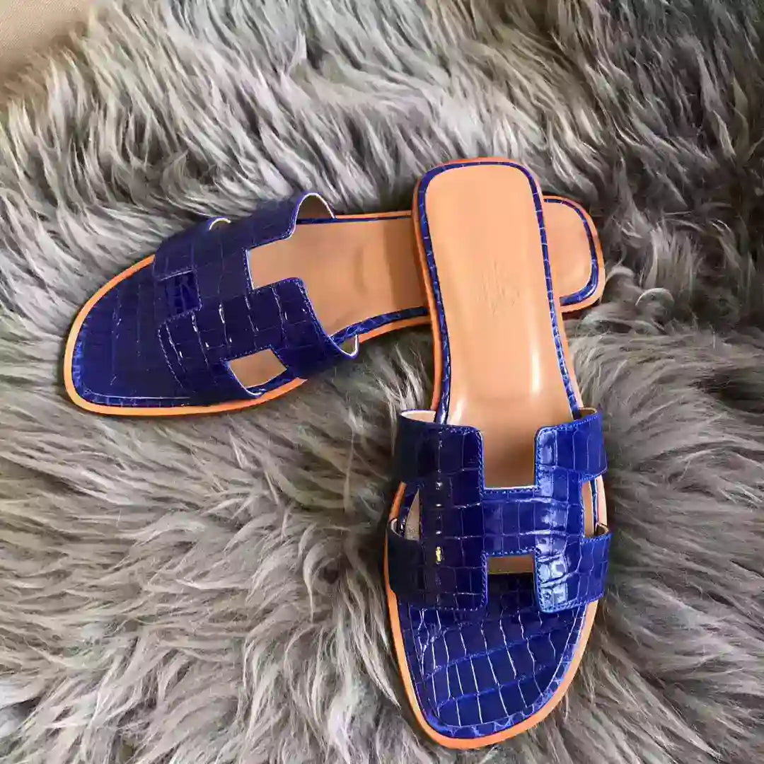 HERMES ORAN SLIDE SANDALS IN BLUE ELECTRIC SHINY NILOTICUS CROCODILE SKIN- HMSD060