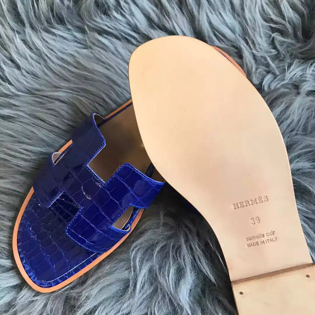 HERMES ORAN SLIDE SANDALS IN BLUE ELECTRIC SHINY NILOTICUS CROCODILE SKIN- HMSD060