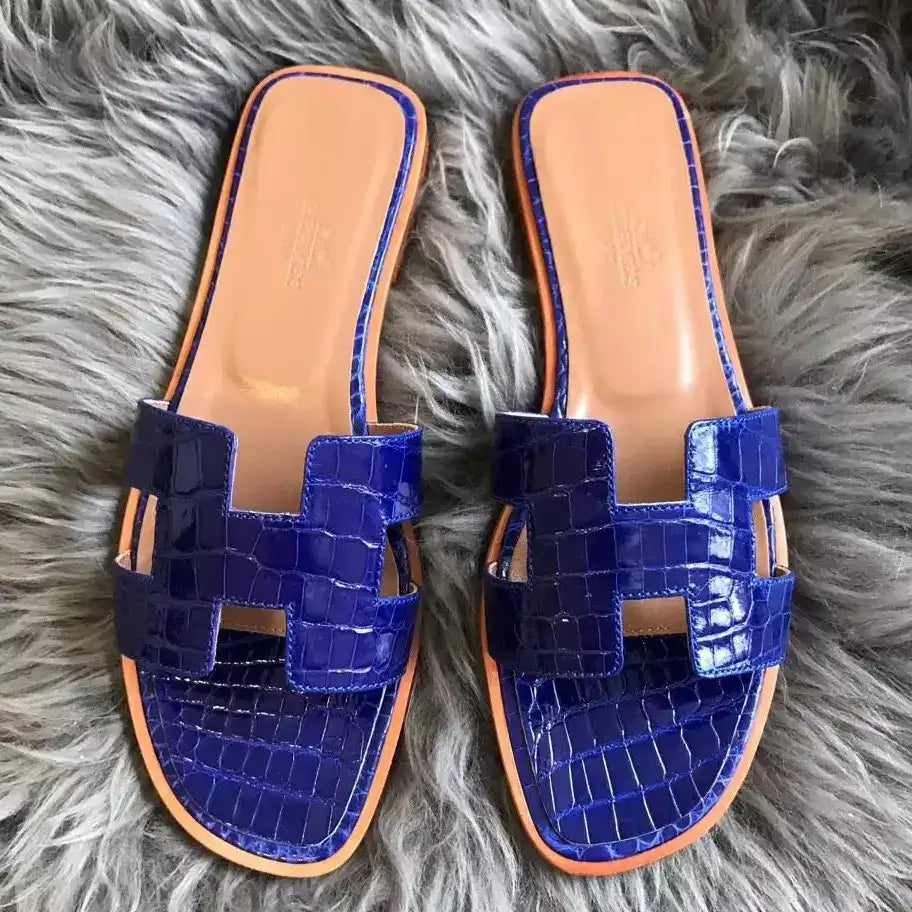 HERMES ORAN SLIDE SANDALS IN BLUE ELECTRIC SHINY NILOTICUS CROCODILE SKIN- HMSD060