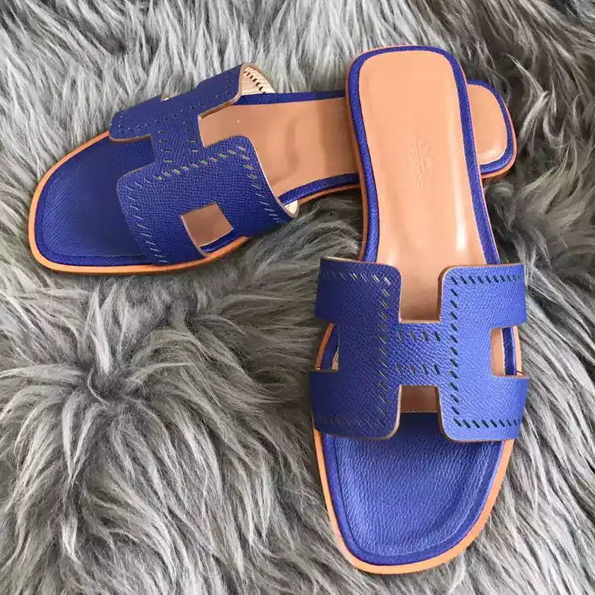 HERMES ORAN SLIDE SANDALS IN BLUE EPSOM PERFORATED CALFSKIN – HMSD095