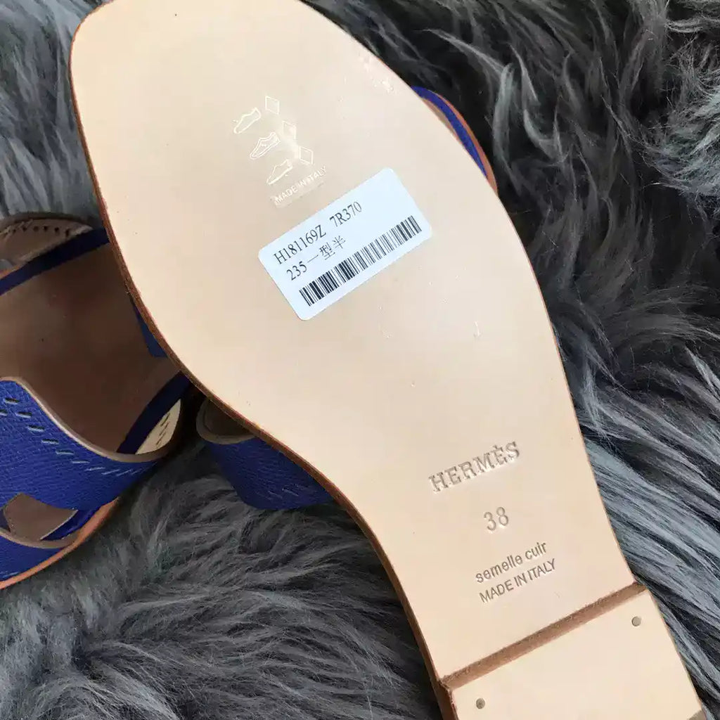HERMES ORAN SLIDE SANDALS IN BLUE EPSOM PERFORATED CALFSKIN – HMSD095