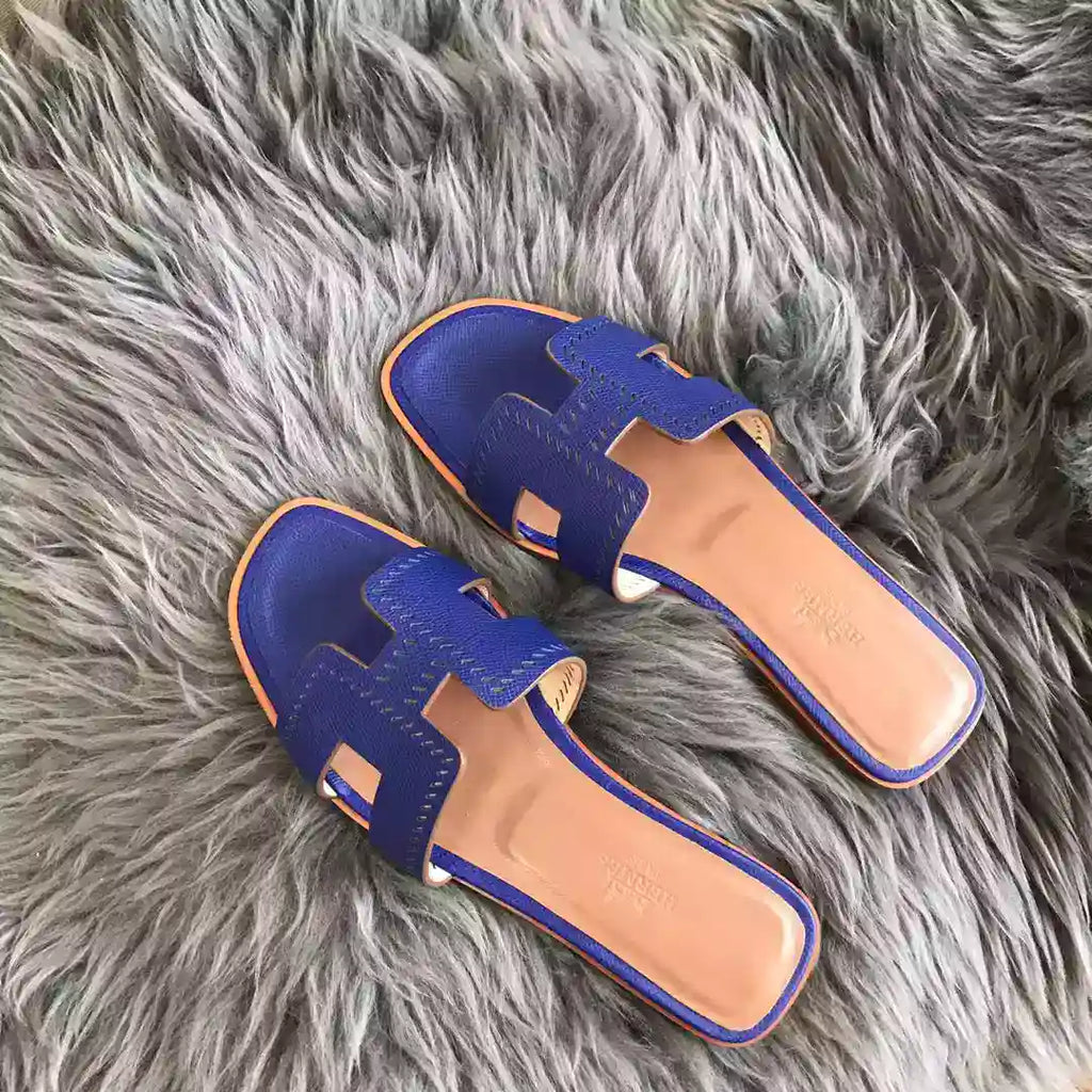 HERMES ORAN SLIDE SANDALS IN BLUE EPSOM PERFORATED CALFSKIN – HMSD095