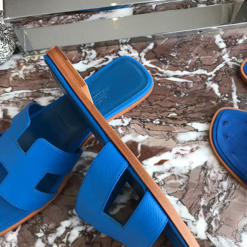 HERMES ORAN SLIDE SANDALS IN BLUE HYDRA EPSOM CALFSKIN – HMSD069