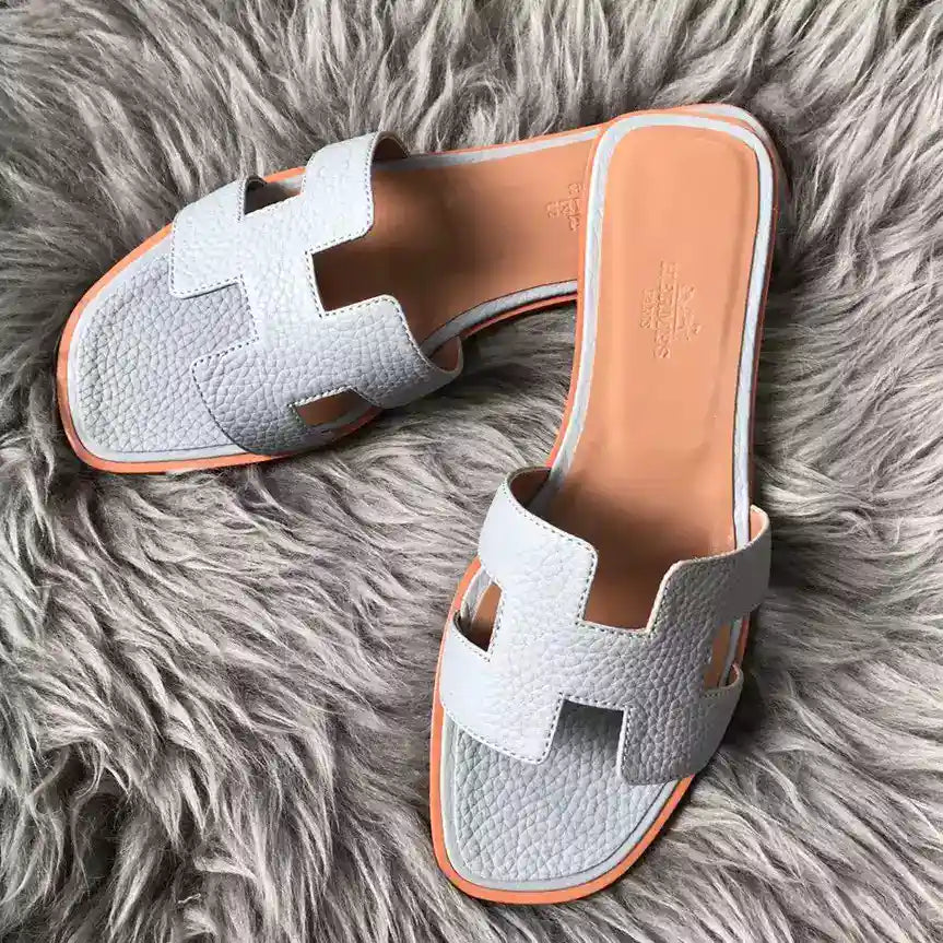 HERMES ORAN SLIDE SANDALS IN BLUE LIN CLEMENCE LEATHER – HMSD106