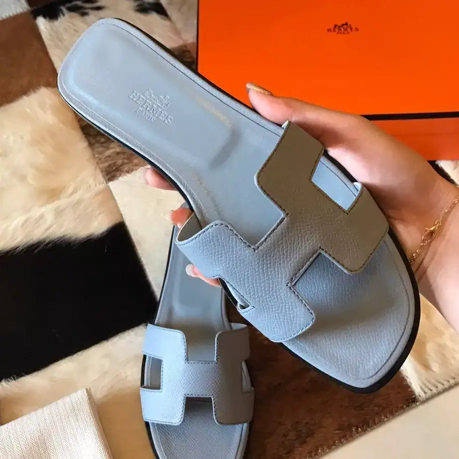 HERMES ORAN SLIDE SANDALS IN BLUE LIN EPSOM CALFSKIN – HMSD074