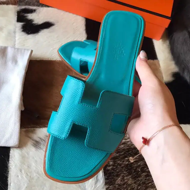 HERMES ORAN SLIDE SANDALS IN BLUE PAON EPSOM CALFSKIN – HMSD070