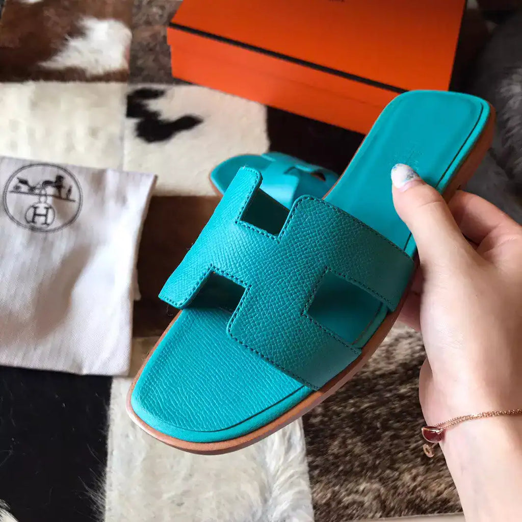 HERMES ORAN SLIDE SANDALS IN BLUE PAON EPSOM CALFSKIN – HMSD070