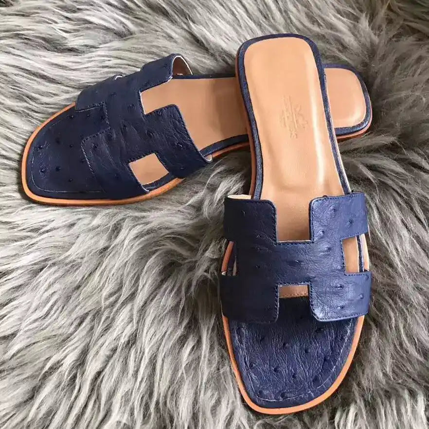 HERMES ORAN SLIDE SANDALS IN BLUE ROY OSTRICH LEATHER – HMSD076