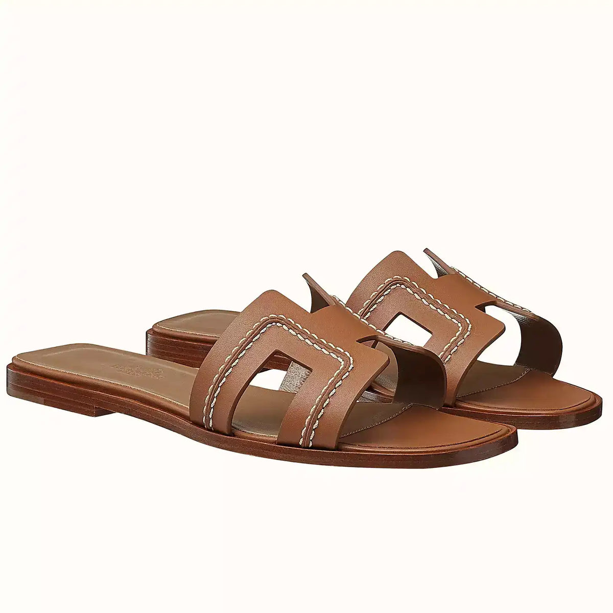 HERMES ORAN SLIDE SANDALS IN BROWN LEATHER WITH STITCHED – HMSD043