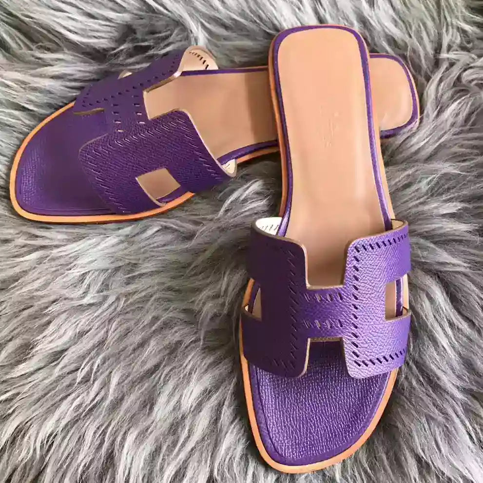 HERMES ORAN SLIDE SANDALS IN PURPLE EPSOM PERFORATED CALFSKIN – HMSD098