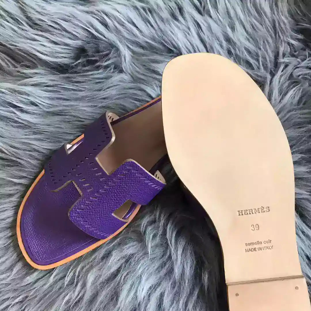 HERMES ORAN SLIDE SANDALS IN PURPLE EPSOM PERFORATED CALFSKIN – HMSD098