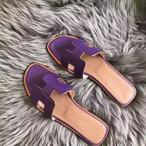 HERMES ORAN SLIDE SANDALS IN PURPLE EPSOM PERFORATED CALFSKIN – HMSD098
