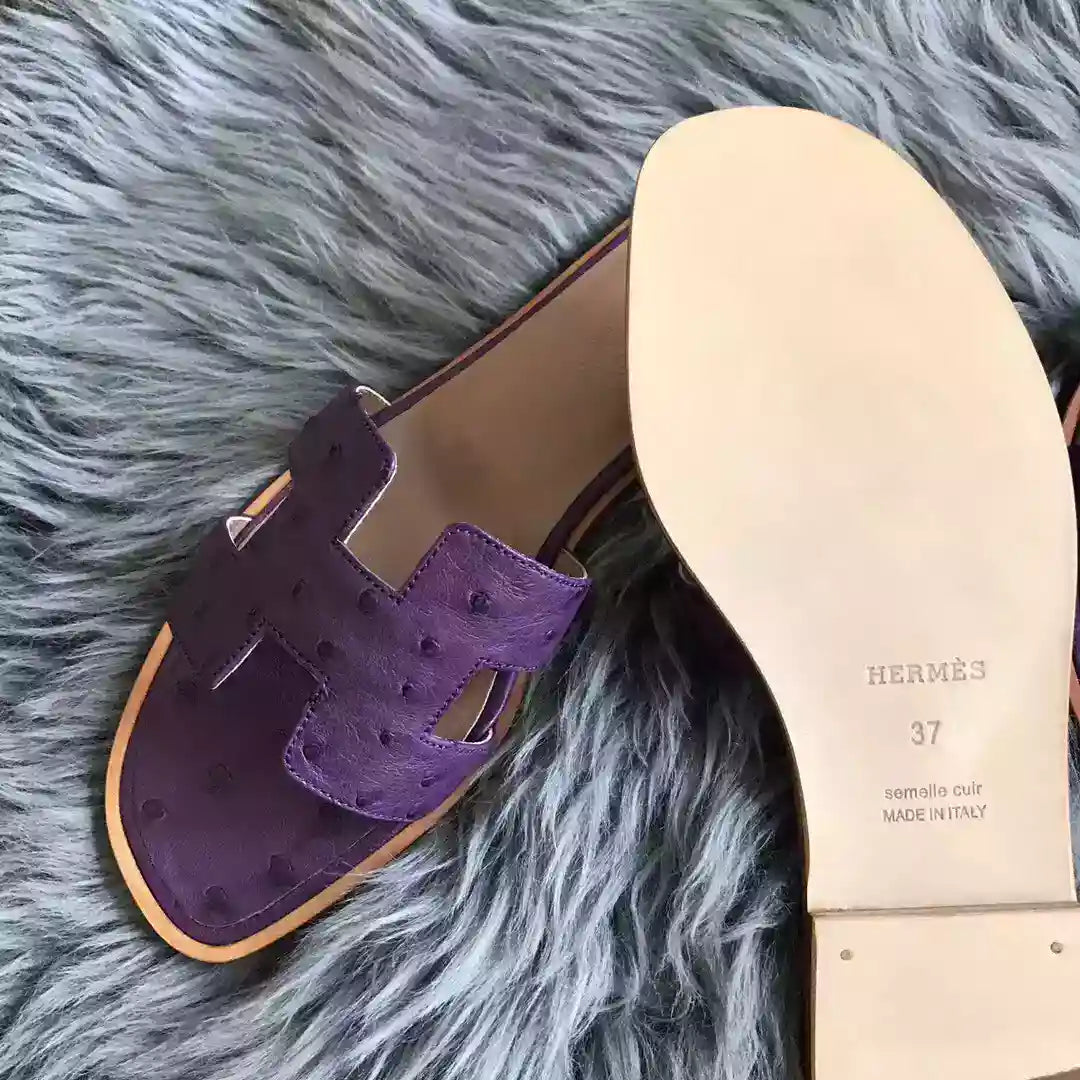 HERMES ORAN SLIDE SANDALS IN PURPLE OSTRICH LEATHER – HMSD079