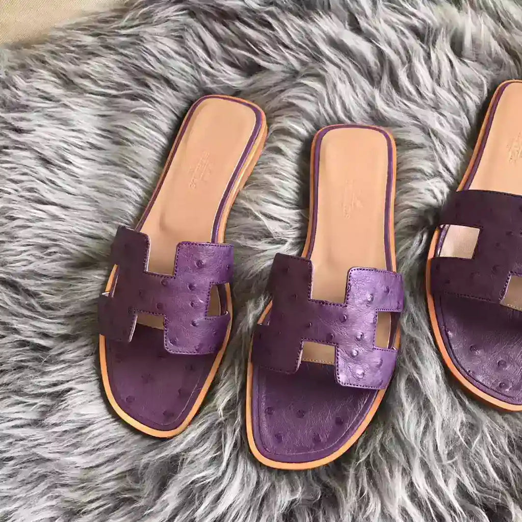 HERMES ORAN SLIDE SANDALS IN PURPLE OSTRICH LEATHER – HMSD079