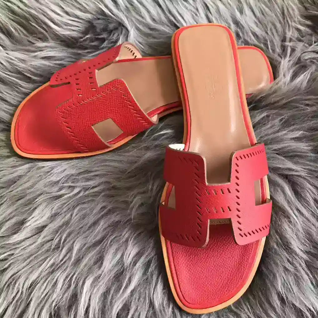 HERMES ORAN SLIDE SANDALS IN RED EPSOM PERFORATED CALFSKIN – HMSD099