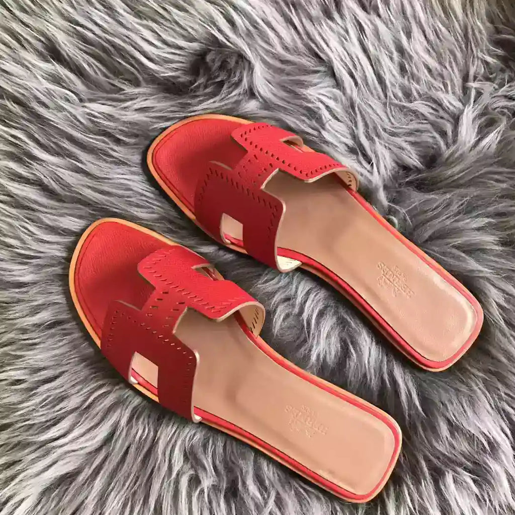 HERMES ORAN SLIDE SANDALS IN RED EPSOM PERFORATED CALFSKIN – HMSD099
