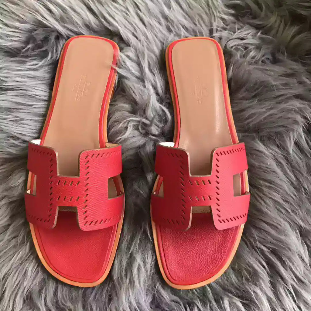 HERMES ORAN SLIDE SANDALS IN RED EPSOM PERFORATED CALFSKIN – HMSD099