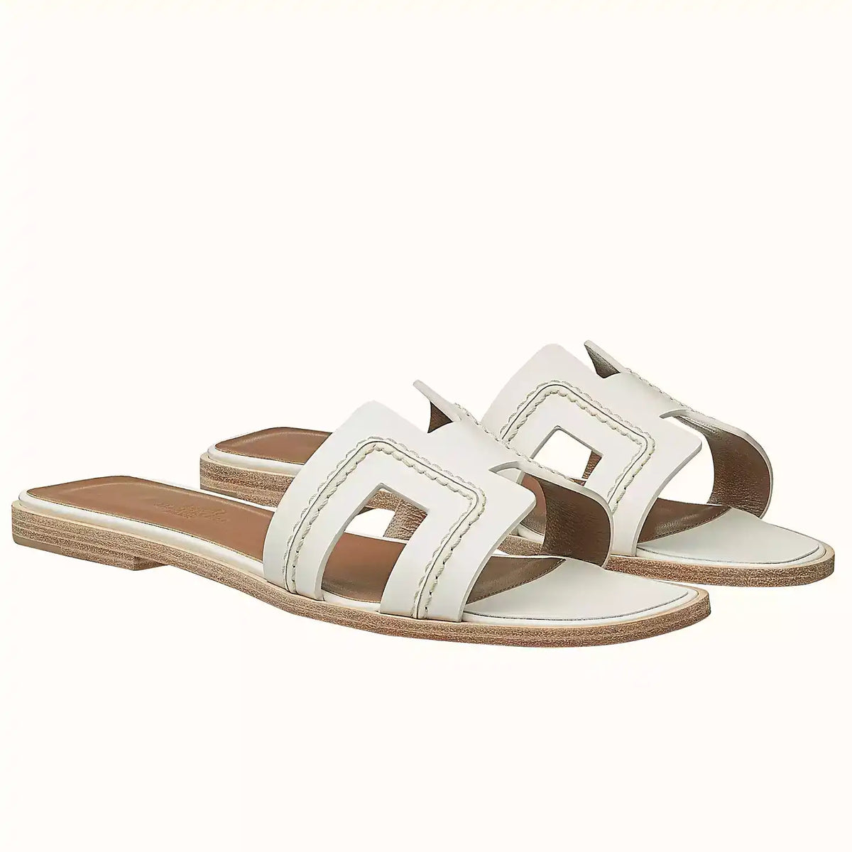 HERMES ORAN SLIDE SANDALS IN WHITE LEATHER WITH STITCHED – HMSD045