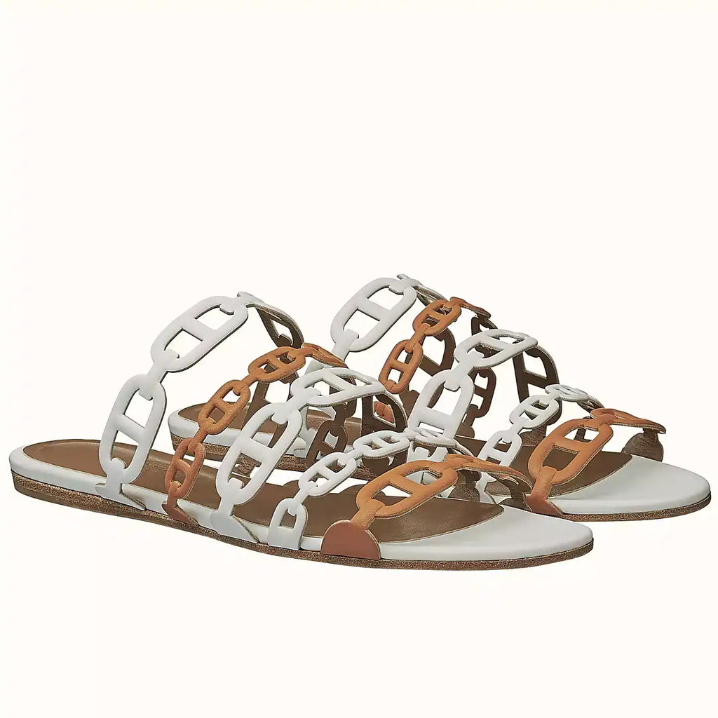 HERMES THALASSA SLIDE SANDALS IN BROWN/WHITE LAMBSKIN – HMSD136