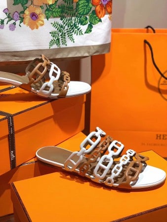 HERMES THALASSA SLIDE SANDALS IN BROWN/WHITE LAMBSKIN – HMSD136