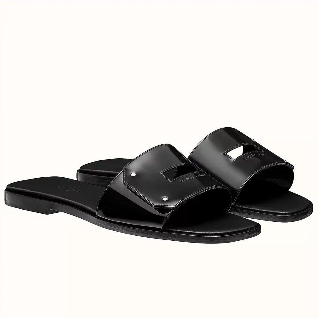 HERMES VIEW SLIDE SANDALS IN BLACK PATENT CALFSKIN – HMSD133
