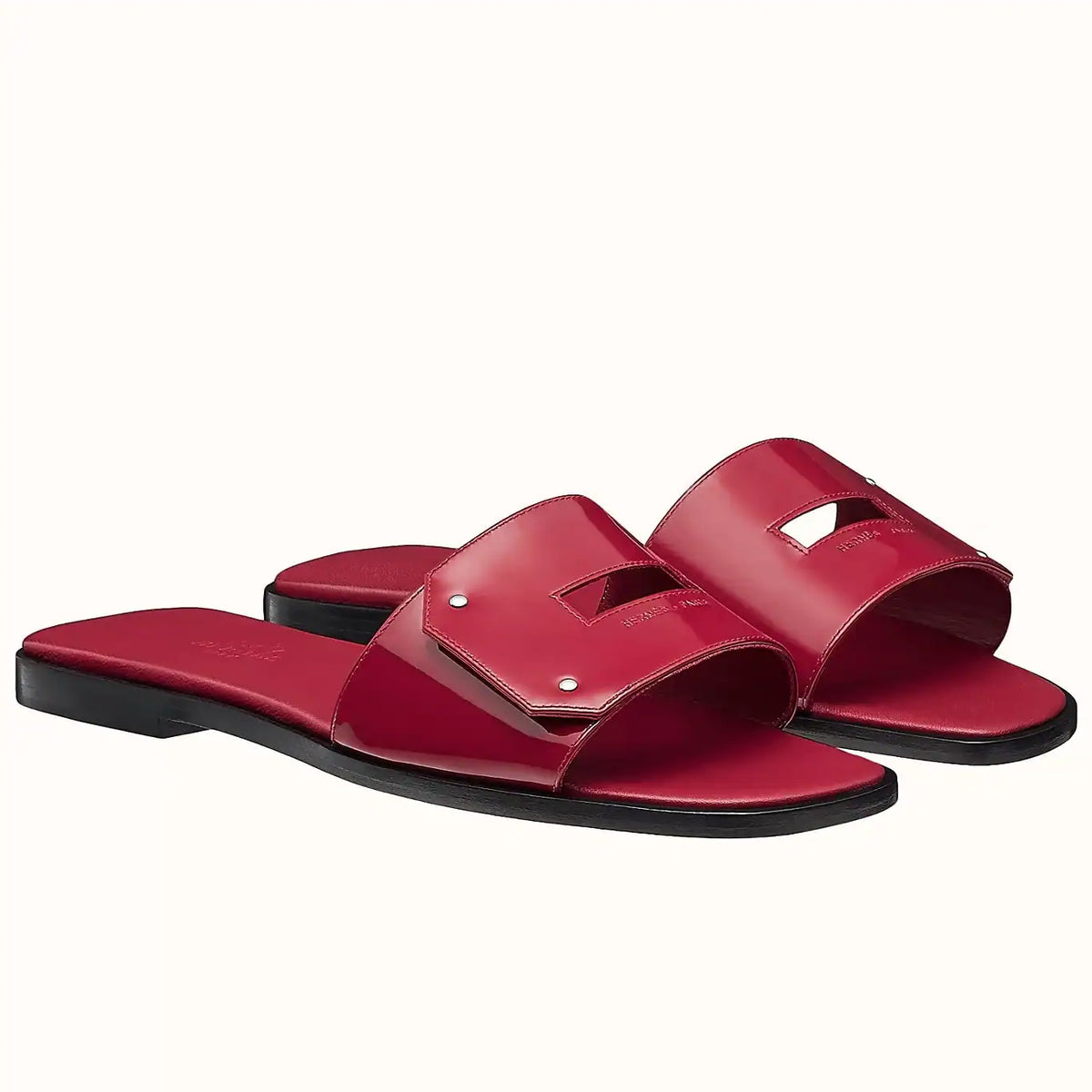 HERMES VIEW SLIDE SANDALS IN RED PATENT CALFSKIN – HMSD134