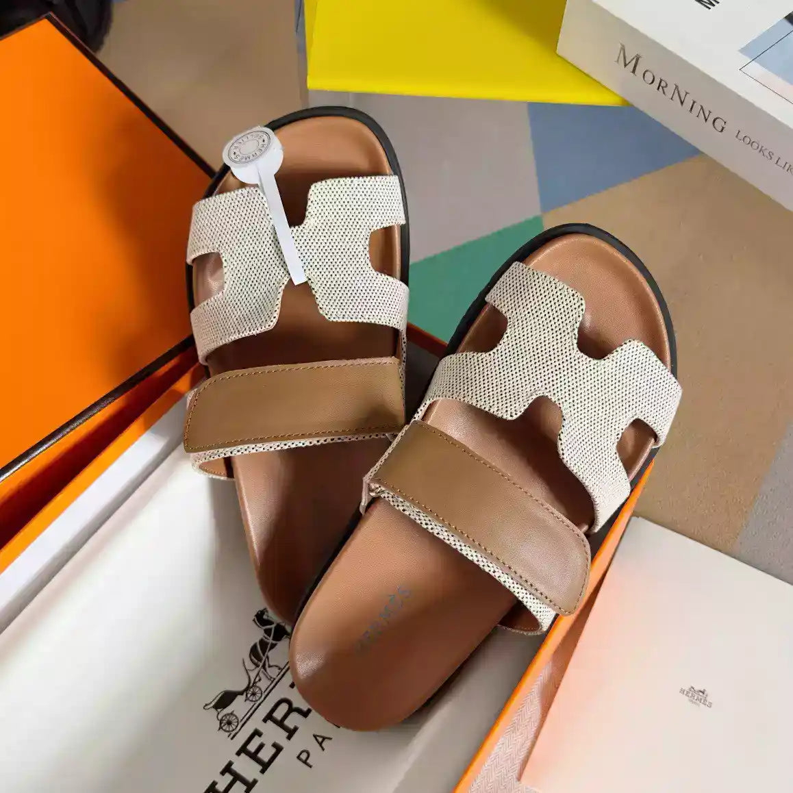 HERMES WOMEN’S CHYPRE SANDALS IN CANVAS WITH BROWN LEATHER – HMSD015