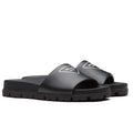 PRADA BLACK LEATHER SLIDES WITH PRINTED TRIANGLE LOGO – PSD088
