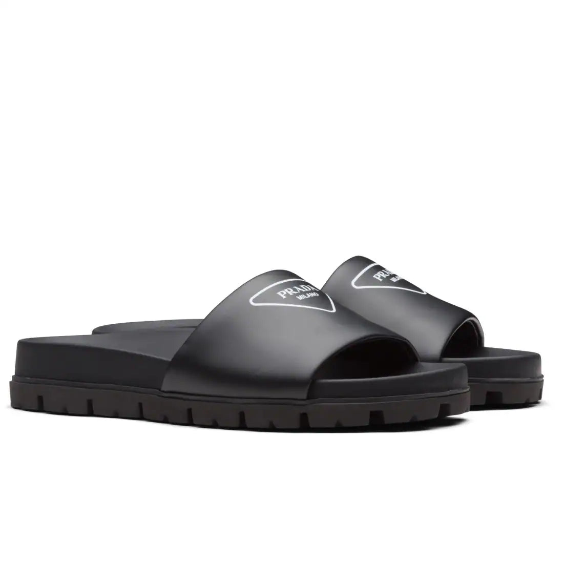 PRADA BLACK LEATHER SLIDES WITH PRINTED TRIANGLE LOGO – PSD088
