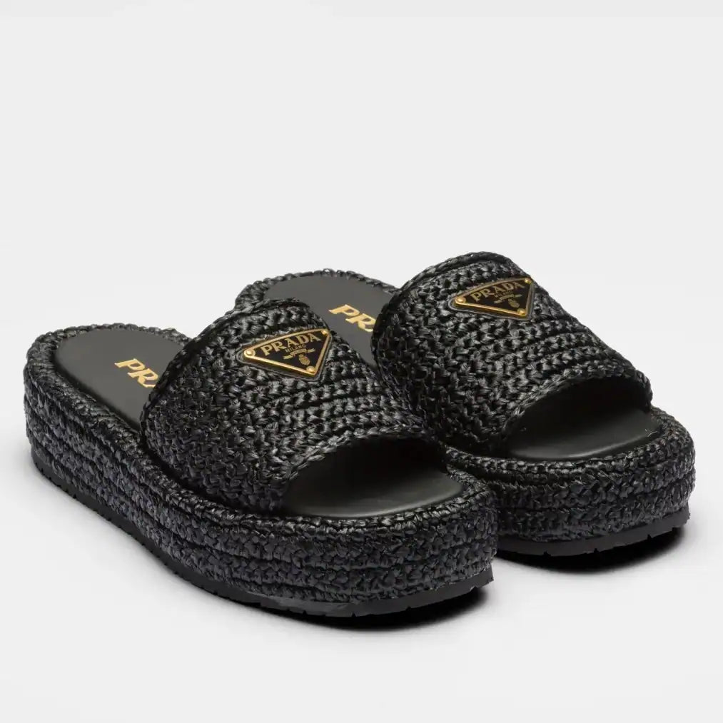PRADA CROCHET FLATFORM SLIDES IN BLACK RAFFIA-EFFECT YARN – PSD069