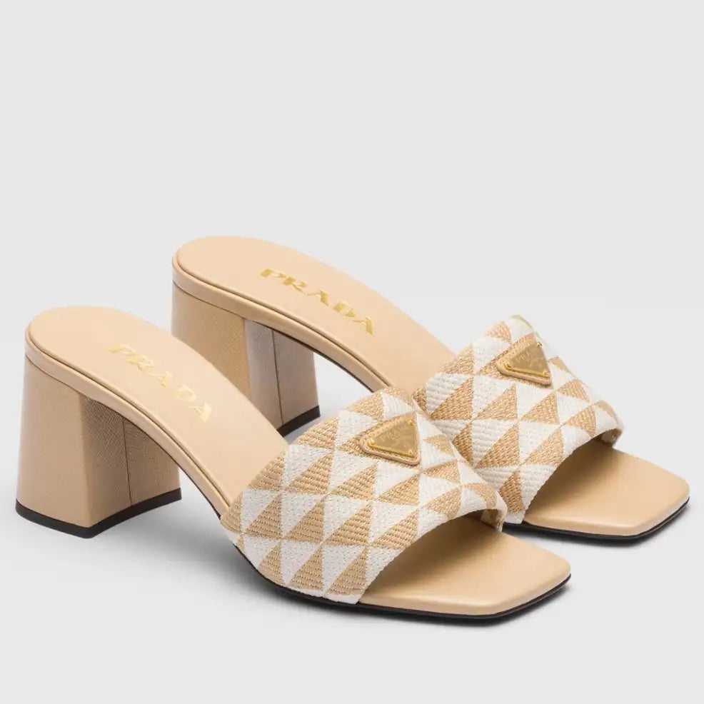 PRADA HEELED SLIDE SANDALS 65MM IN BEIGE AND WHITE FABRIC – PSD034
