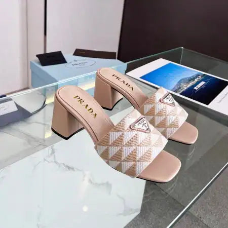 PRADA HEELED SLIDE SANDALS 65MM IN BEIGE AND WHITE FABRIC – PSD034