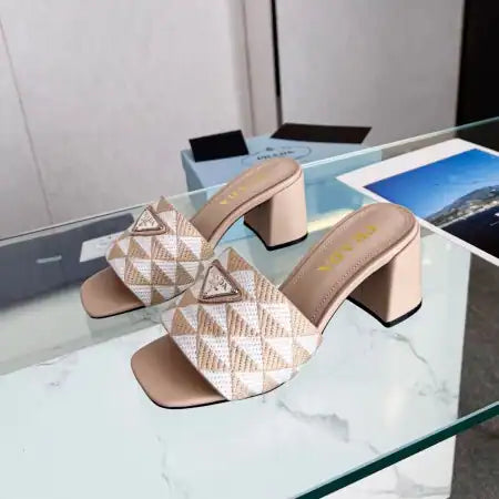 PRADA HEELED SLIDE SANDALS 65MM IN BEIGE AND WHITE FABRIC – PSD034