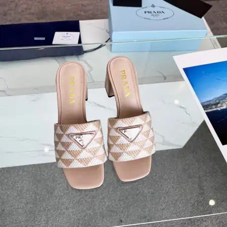 PRADA HEELED SLIDE SANDALS 65MM IN BEIGE AND WHITE FABRIC – PSD034