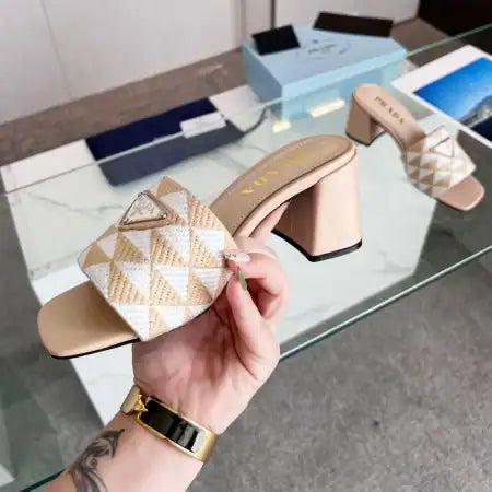 PRADA HEELED SLIDE SANDALS 65MM IN BEIGE AND WHITE FABRIC – PSD034