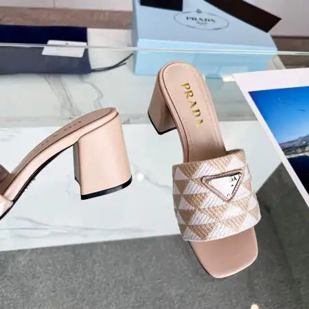 PRADA HEELED SLIDE SANDALS 65MM IN BEIGE AND WHITE FABRIC – PSD034